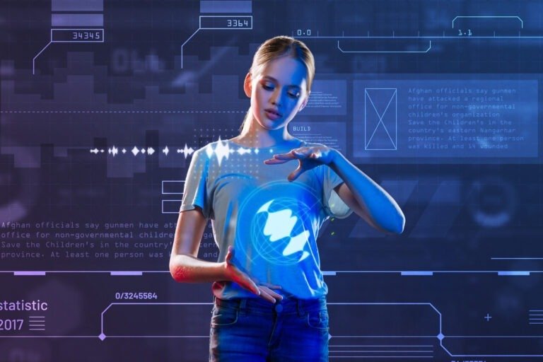 Curious girl holding a hologram while making a school project